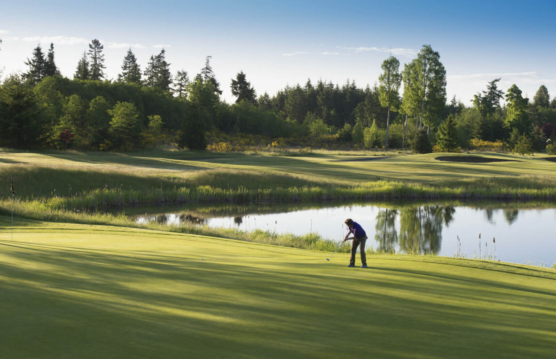 A golfer putts on the fifth green at Crown Isle Golf Resort