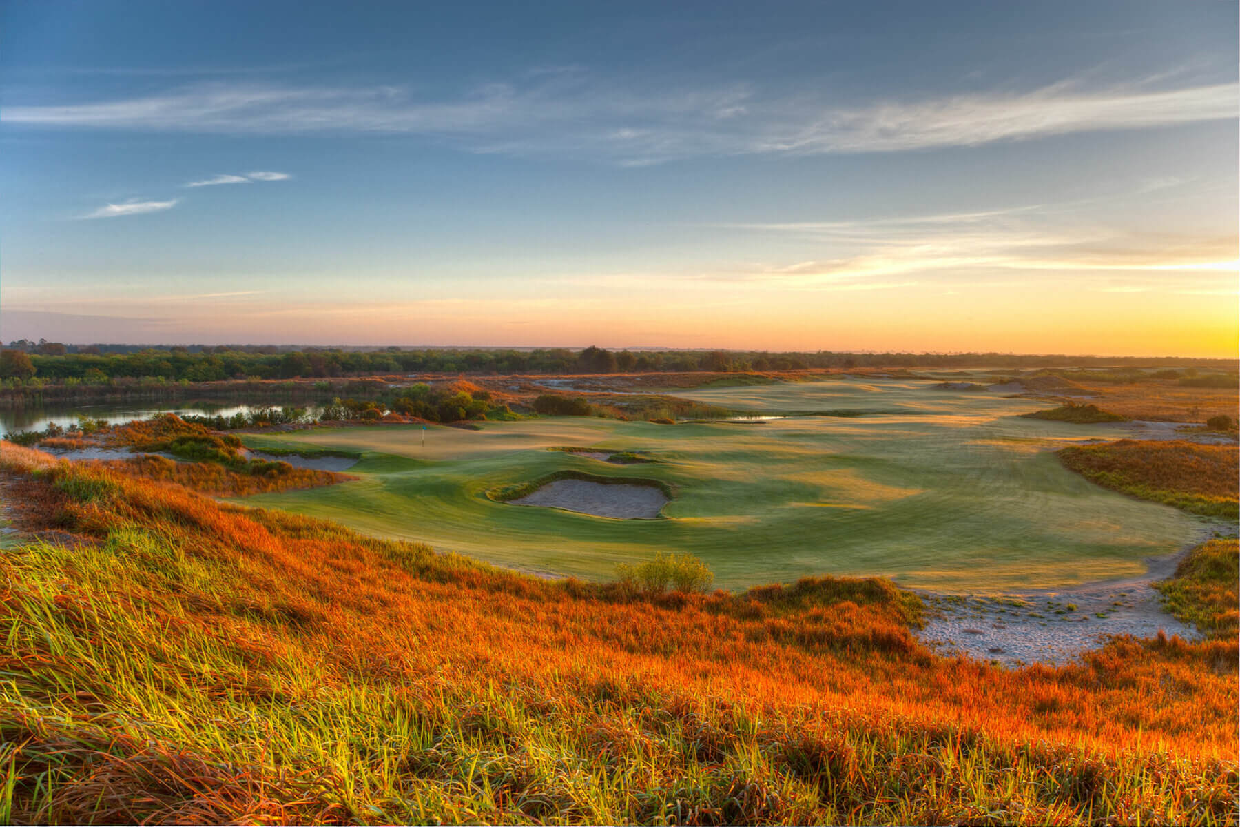 Overlooking wide open fairways with the golden light of dusk shining on long reeds, Streamsong Resort