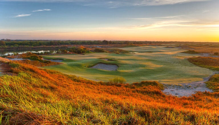 Dusk settles over the twelfth hole of the Blue Golf Course at Stramsong Resort in Florida