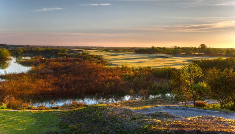 Overlooking the Blue golf course third hole at Streamsong Golf Course, dusk
