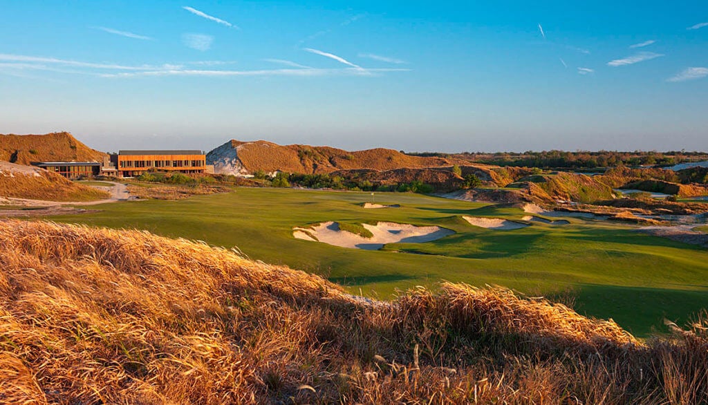 Dusk settles over the eighteenth hole of Streamsong Golf Resort in Florida