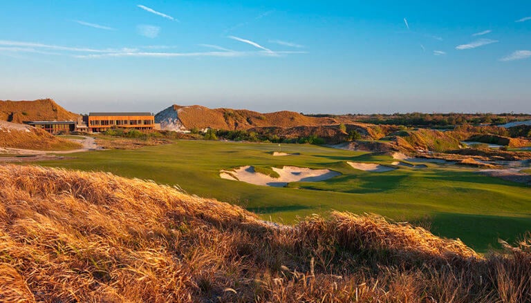 Dusk settles over the eighteenth hole of Streamsong Golf Resort in Florida
