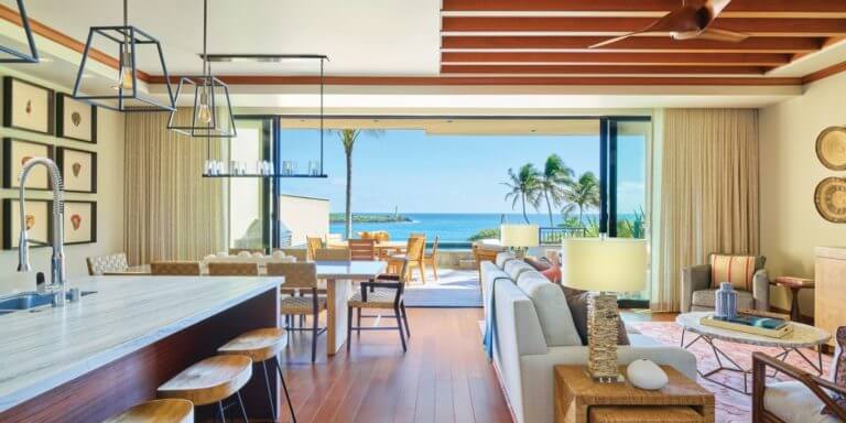 Open plan living awaits guests of the Laola townhouse at Timbers Resort in Kauai