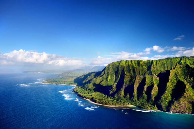 Aerial view of the Napali coast in Hawaii