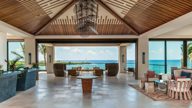 The lobby area has panoramic sea views over the Pacific Ocean in Hawaii