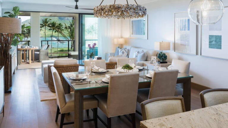 A fully-stocked kitchen with dining table and separate lounge area awaits golfers at Timbers Kauai