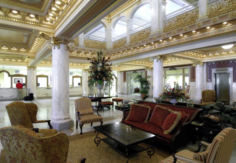 Marble lobby area with gold finishes adorns the lobby at French Lick Golf Resort, Indiana