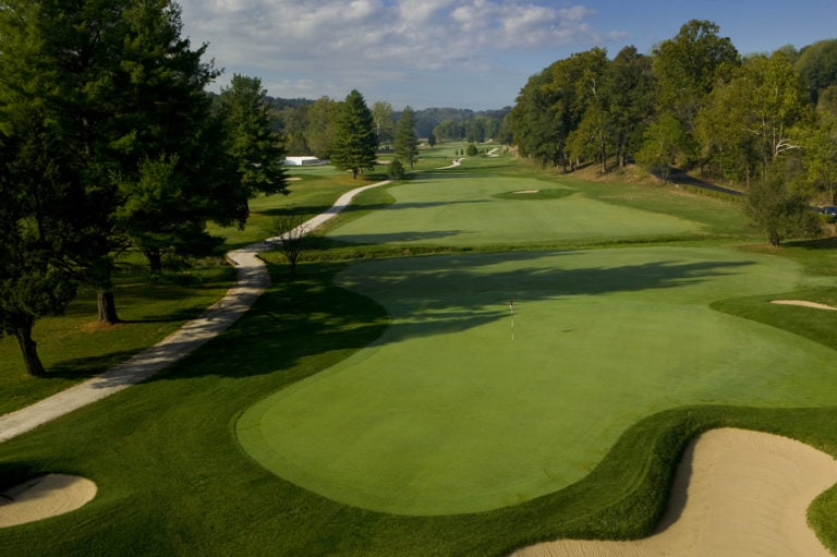 Aerial view of a large flat green on the golf course at French Lick Golf Resort, Indiana