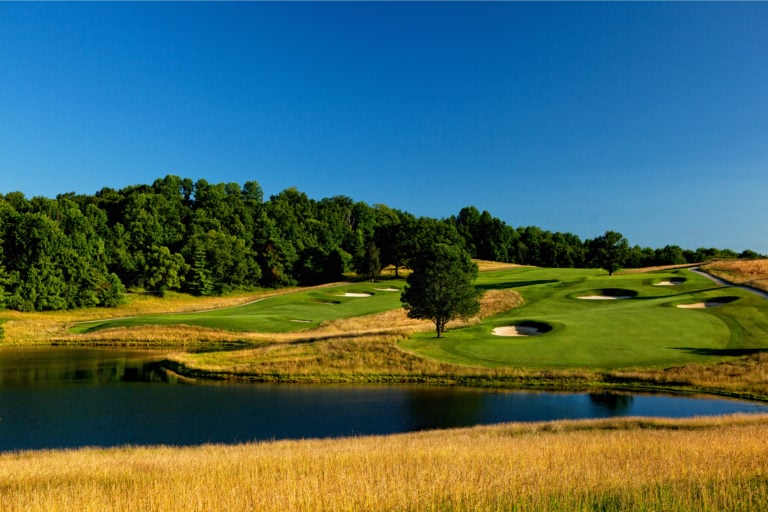 A large lake sits below the golf course at French Lick Golf Resort, Indiana