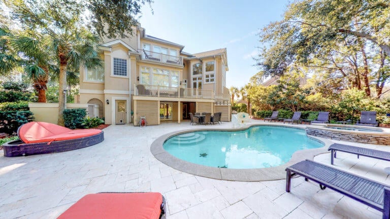 External view of a swimming pool at a rental home at Palmetto Dunes Golf Course, Hilton Head