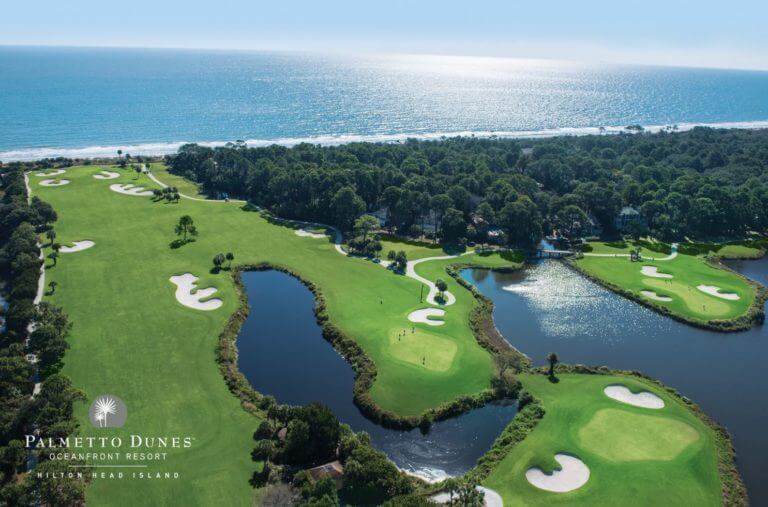 Aerial view four golf holes and the Atlantic Ocean at Palmetto Dunes Golf Course, Hilton Head