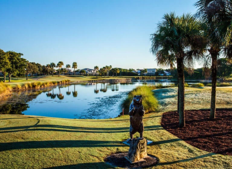 View of the Golden Bear Statue on the fifteenth hole at PGA National The Bear Trap
