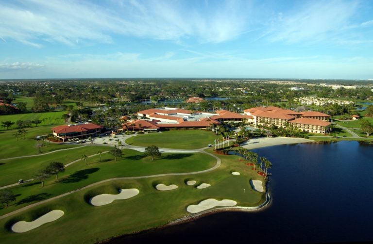 Aerial view of the PGA National Squire course and main resort complex in Florida