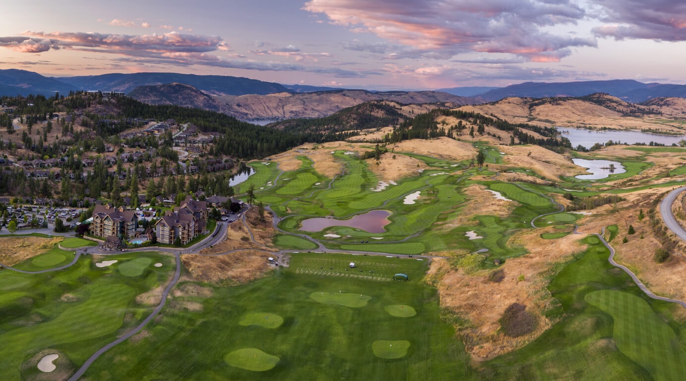 Dusk settles over the entire Predator Ridge Golf Resort complex in British Columbia, Canada