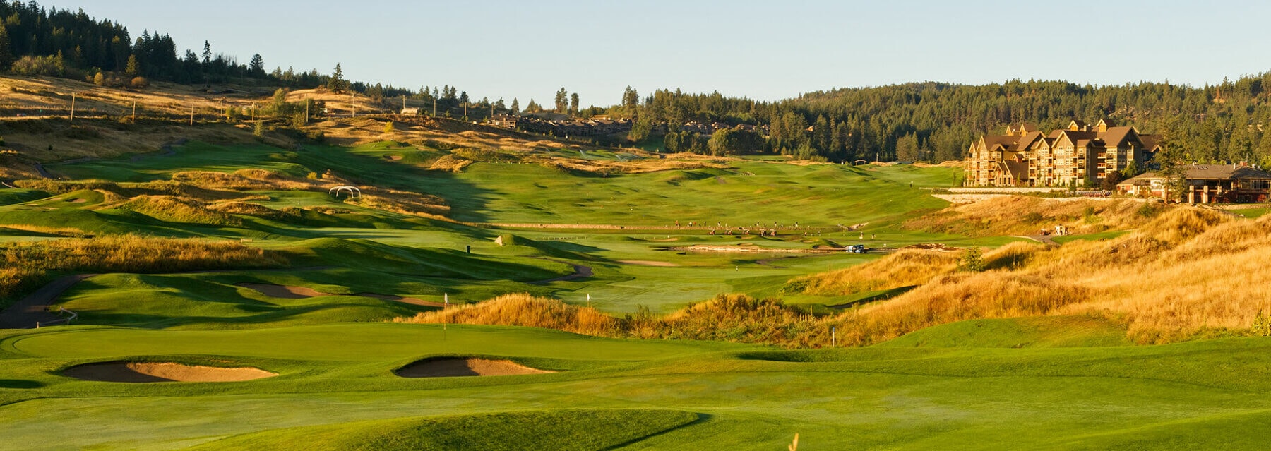 Landscape view of the Golf Resort complex and main lodge building at Predator Ridge Golf Resort, Canada