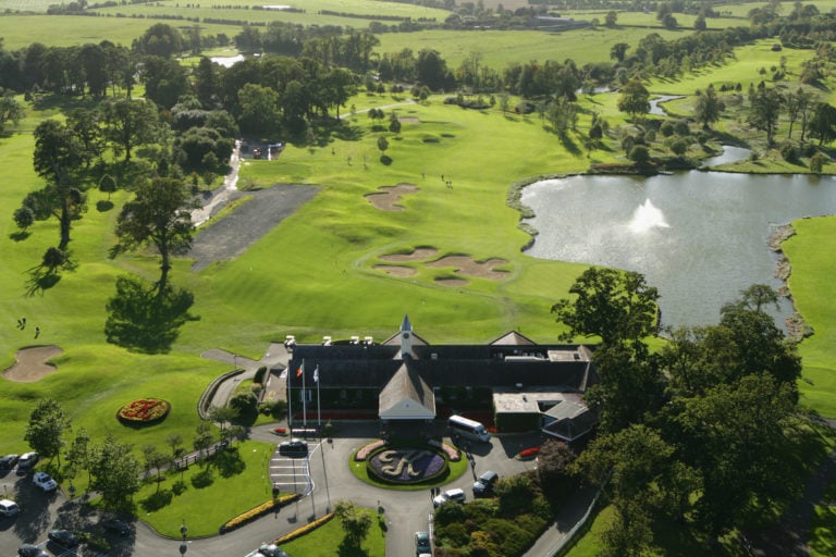 Aerial view of the golf clubhouse and golf course at The K Club Golf Resort in Ireland