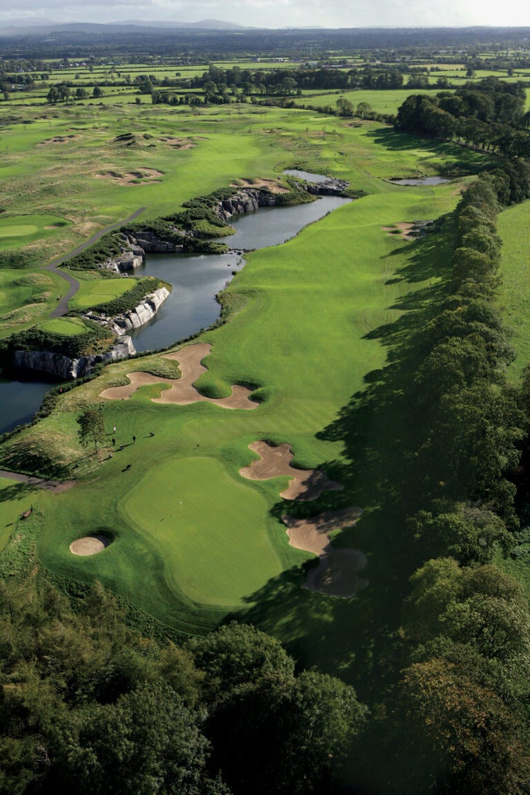 Aerial View of the seventh green and lake on the Smurfit Course at The K Club Resort