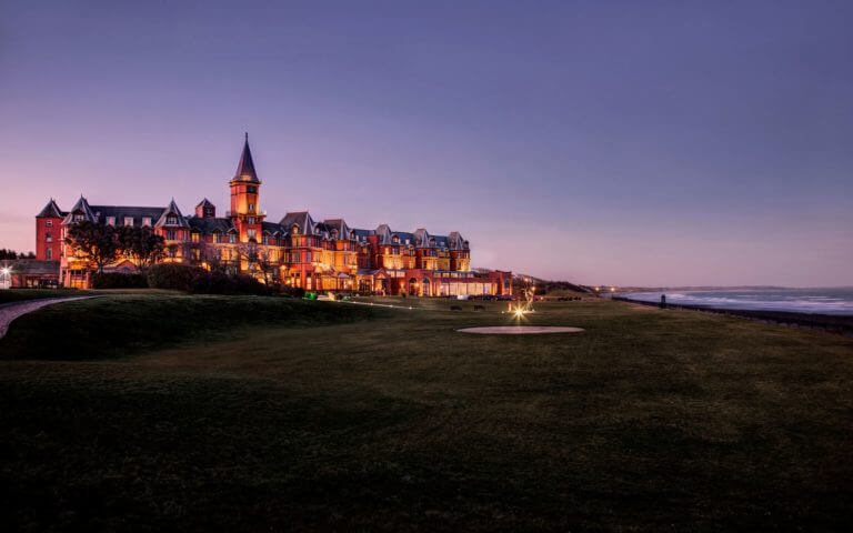 Twilight view of the Slieve Donard Resort and spa, Northern Ireland