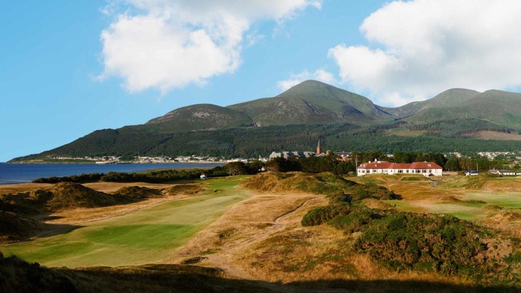 Exterior view of the Royal County Down Golf Course and Slieve Donard Resort spire
