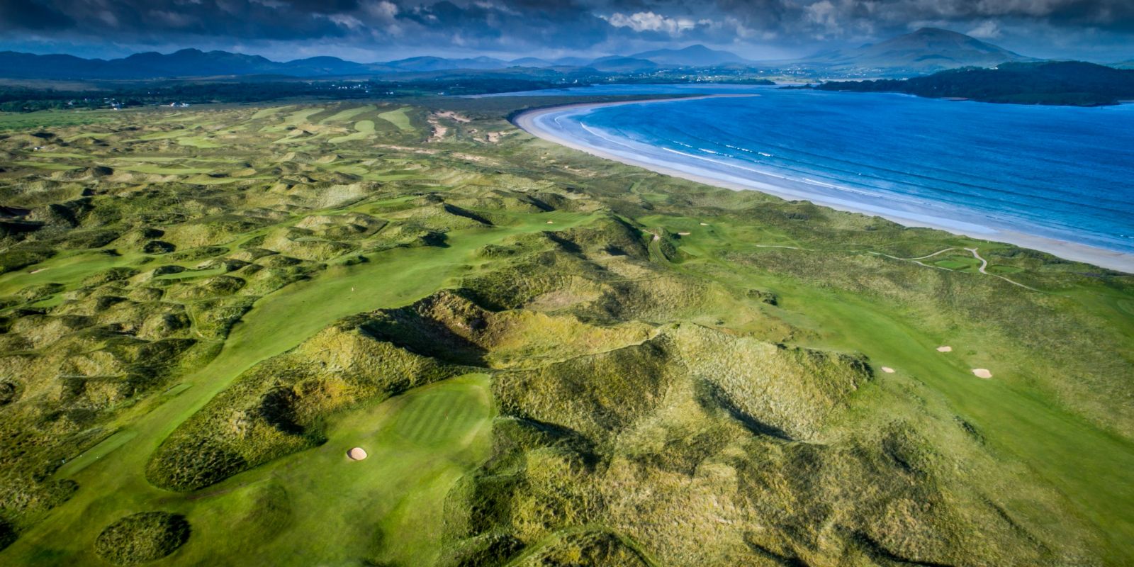 Aerial view of the Sandy Hills Links and Old Tom Morris golf courses at Rosapenna Golf Resort, Ireland