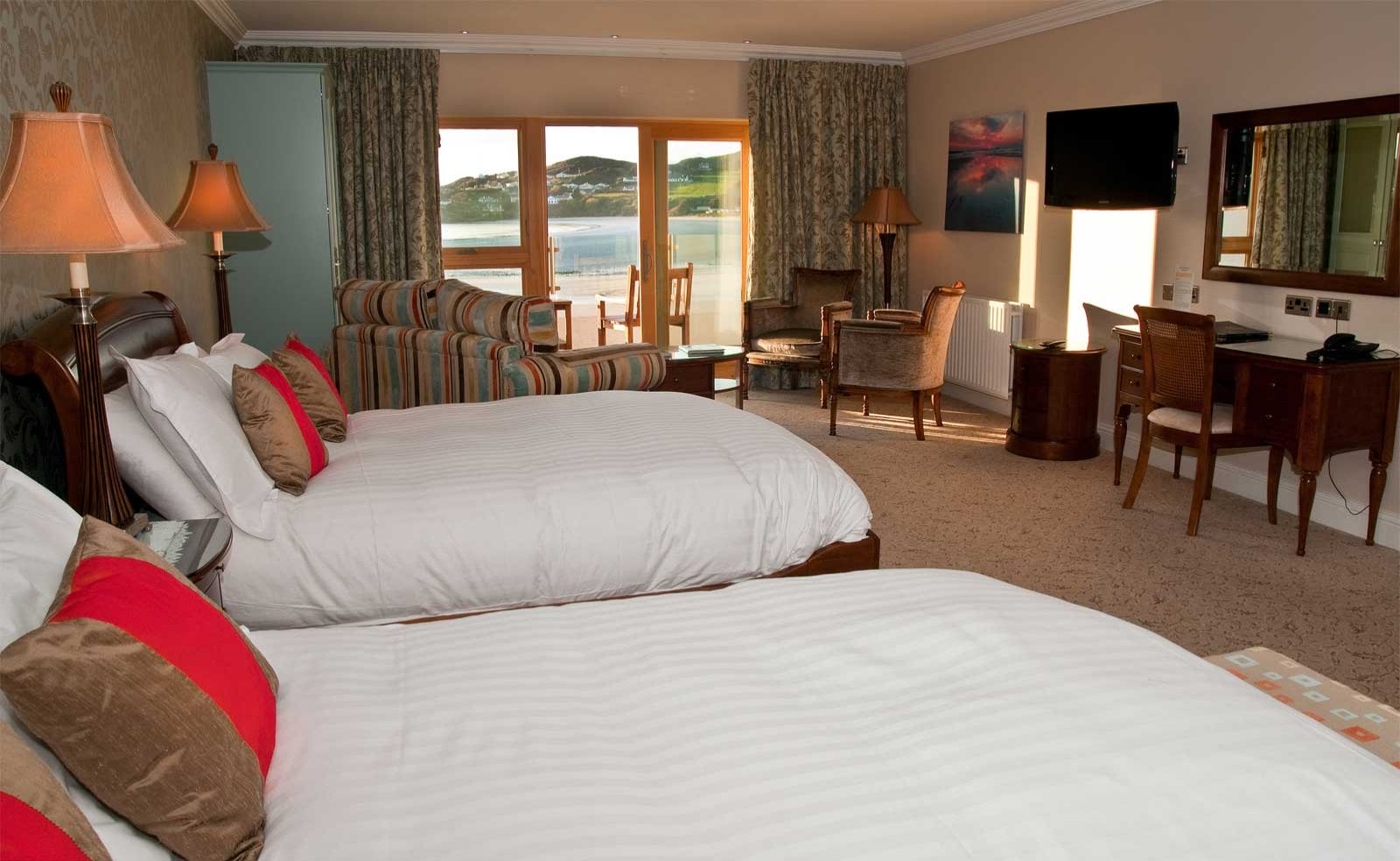Interior view of a sea-side twin bedroom at Rosapenna Golf Resort, Ireland