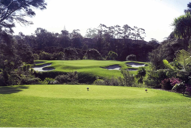 Image overlooking the 14th tee and par-4 at Titirangi Golf Course, New Zealand
