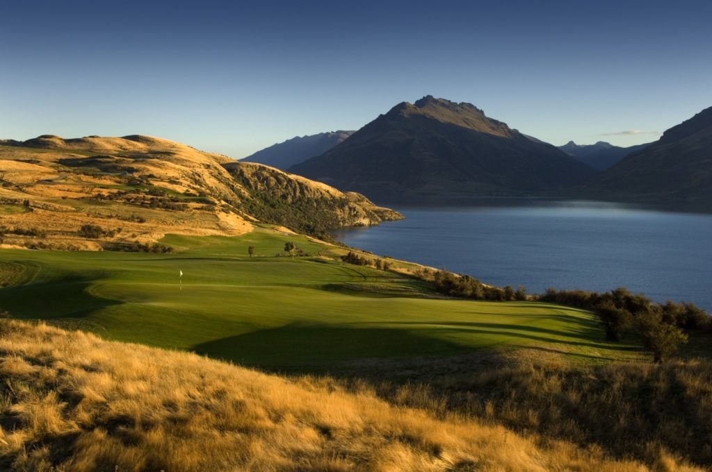 Landscape image of Jack's Point Golf Course adjacent to Lake Wakatipu, New Zealand