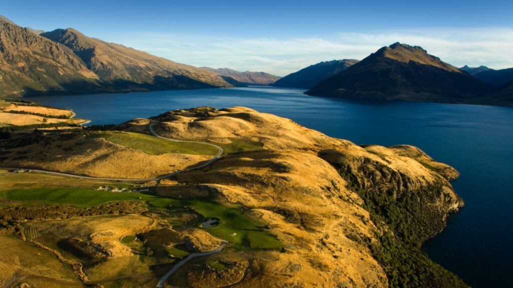 Aerial image of the modern links golf course at Jack's Point, Queenstown