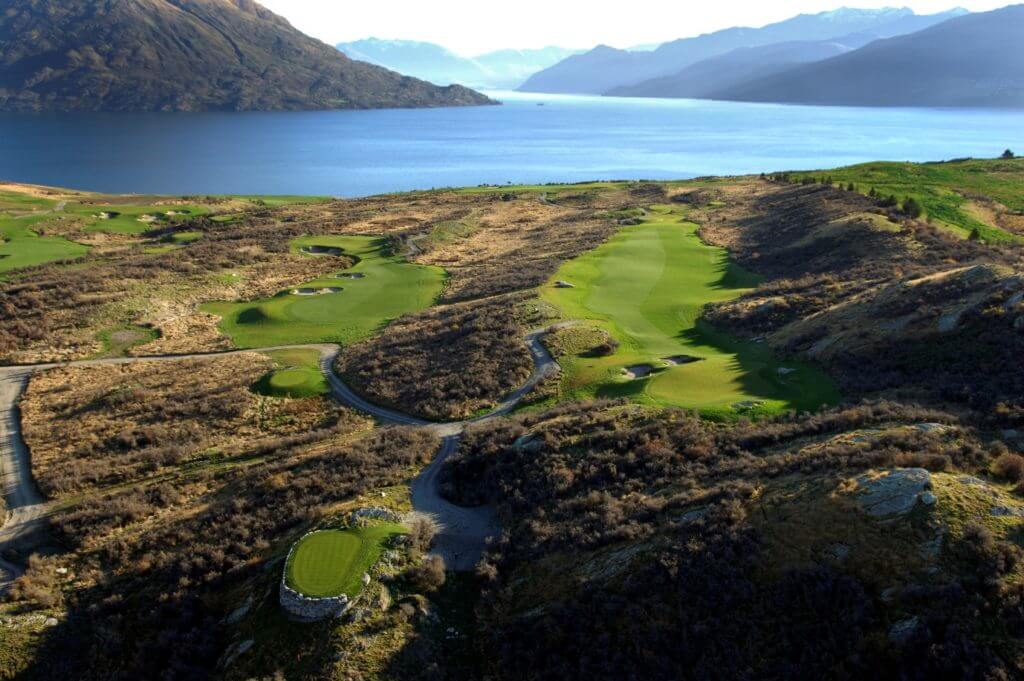 Aerial image of Jack's Point Golf Course next to Lake Wakatipu, Queenstown
