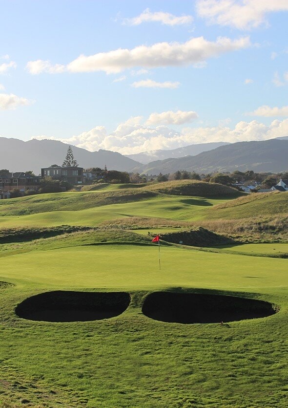 Image of pot bunkers next to a green at Paraparaumu Beach Golf Links
