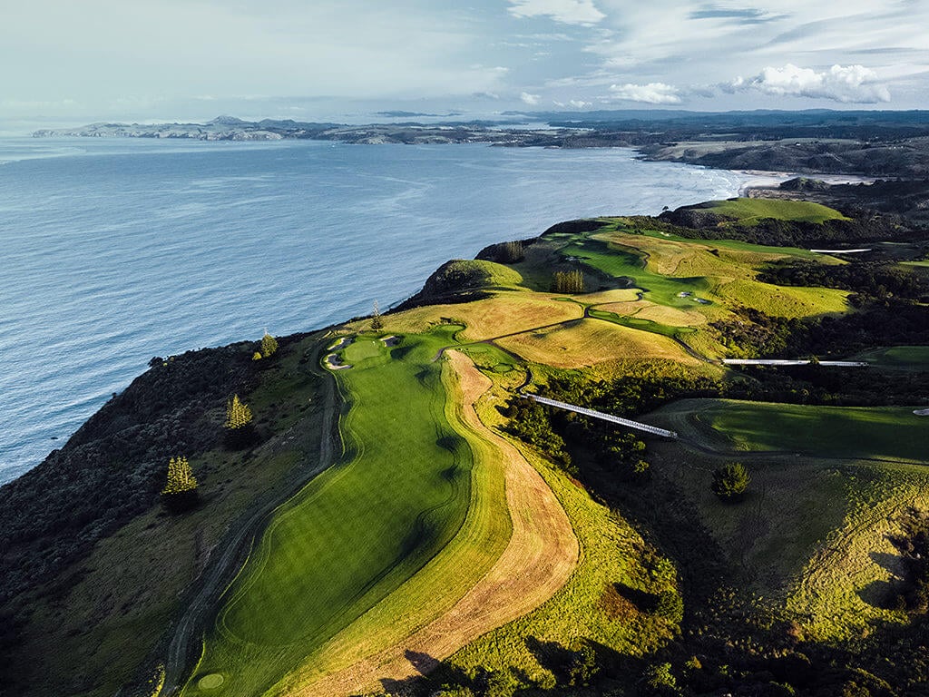 Aerial image of Kauri Cliffs Golf Course fairways in New Zealand