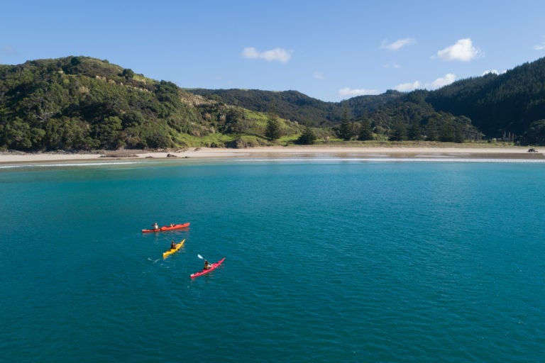 Image displaying sea-kayakers near Kauri Cliffs Golf Resort