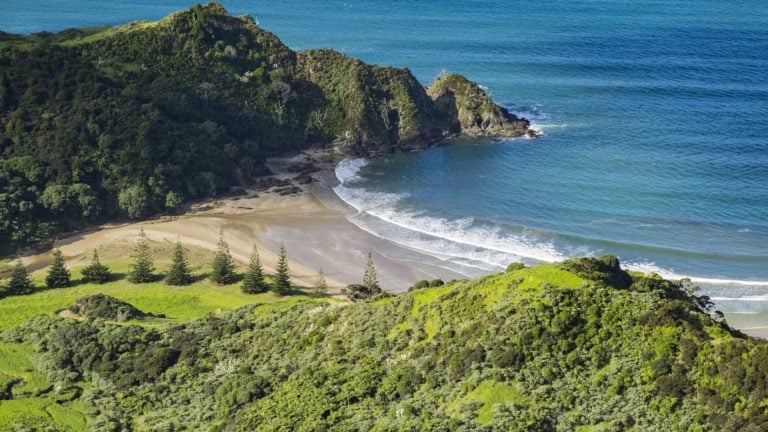 Aerial image of a beach and green vegetation at Matauri Bay, new Kauri Cliffs Golf Resort