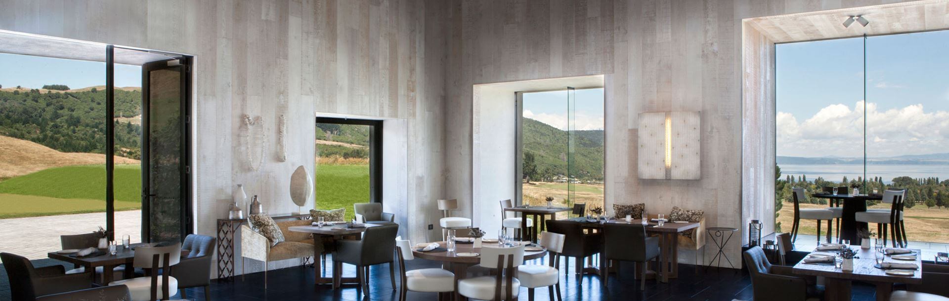 View of the surrounding hills from inside The Kinloch Club's restaurant, Taupo