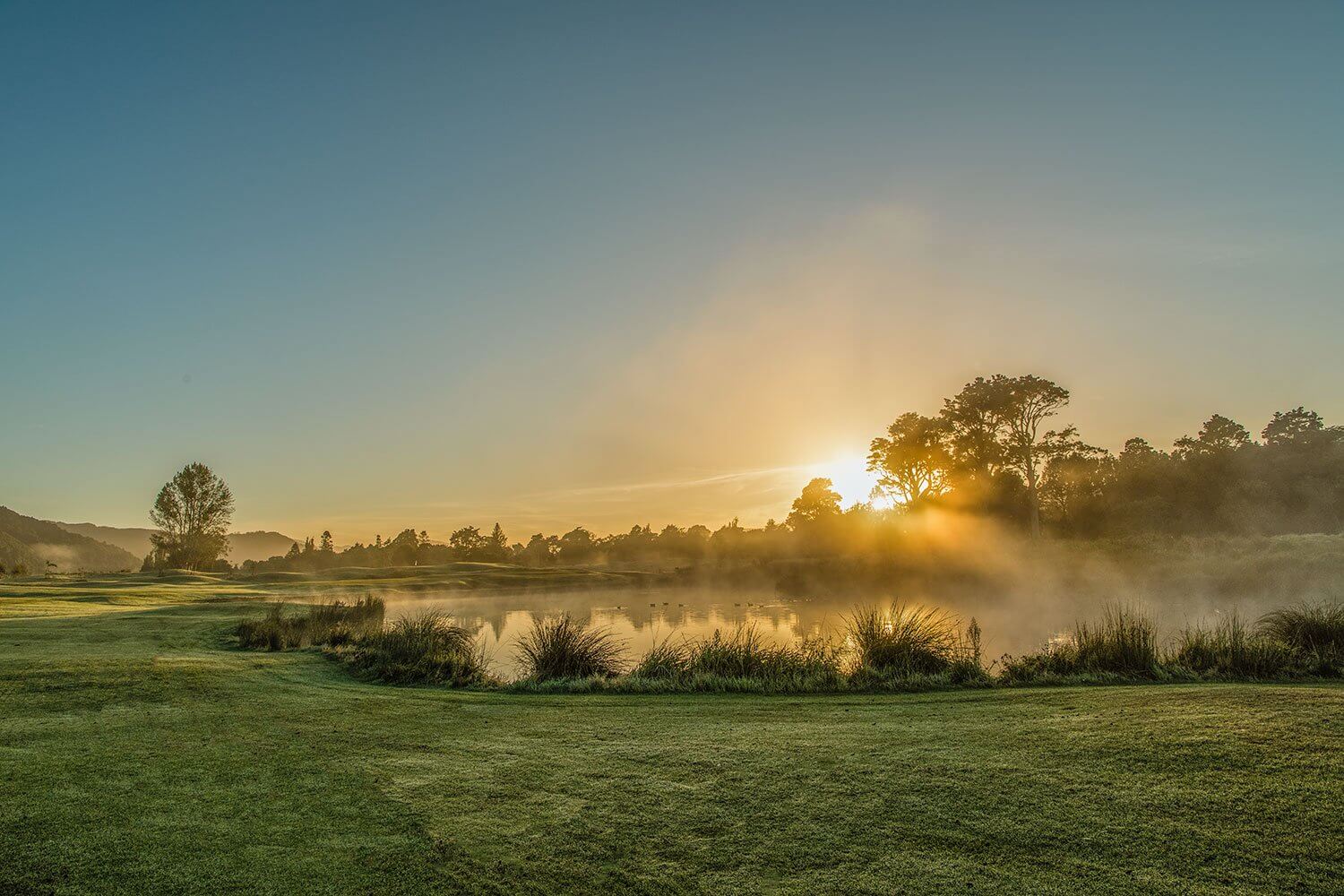 The dawn sun shines through mist over a like on the Royal Wellington Golf Club