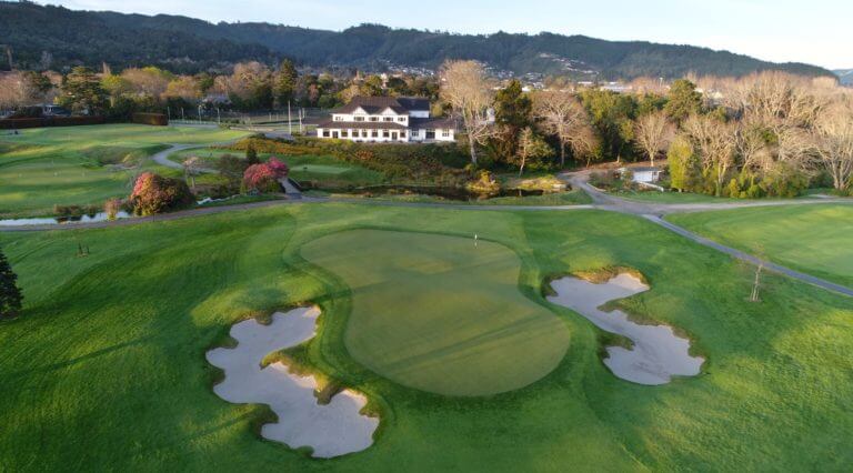Drone view over the eighteenth green and clubhouse at Royal Wellington