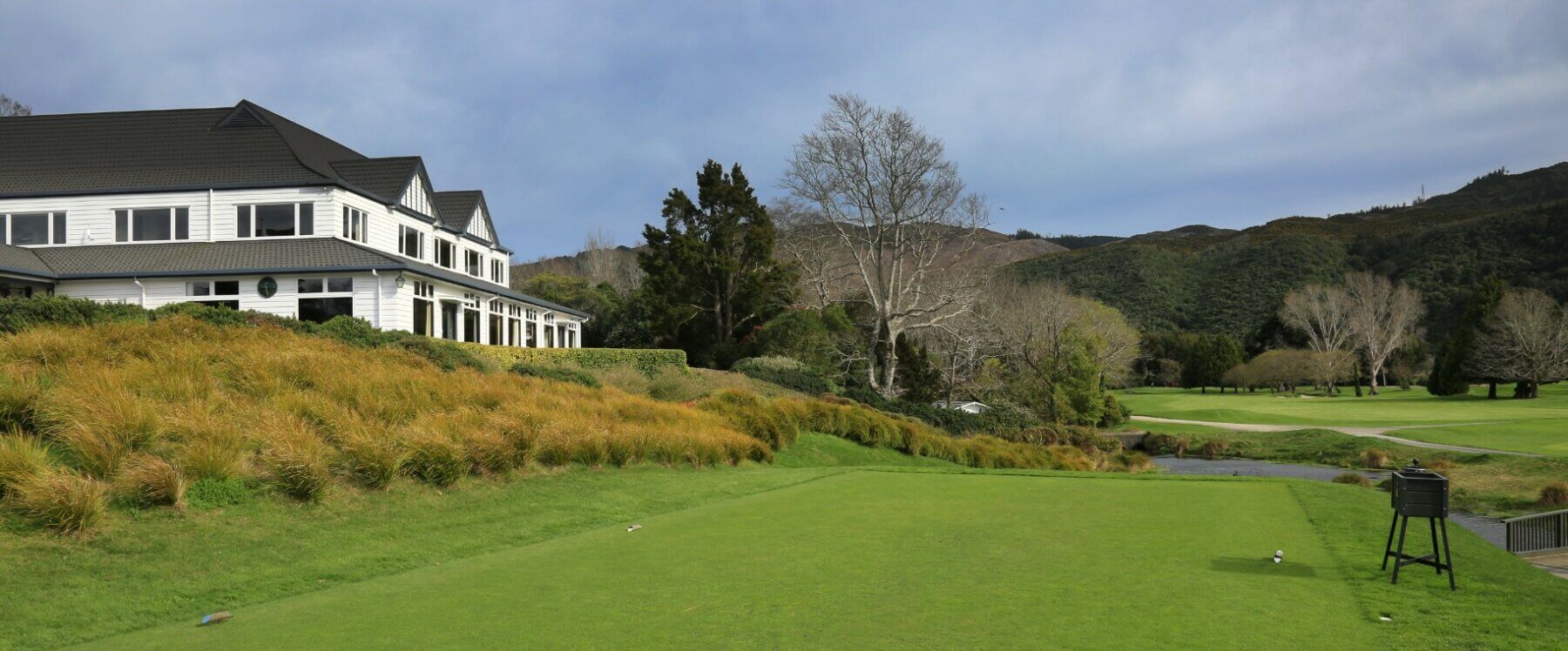 View of the clubhouse adjacent to the first tee on the Royal Wellington Golf Course