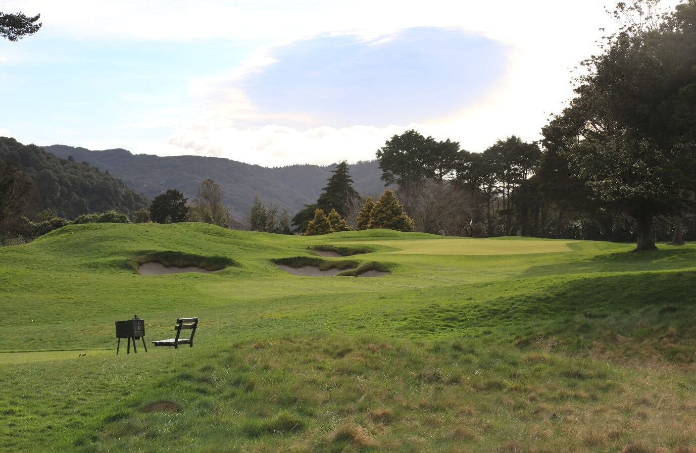 View of a par-3 hole on the Royal Wellington Golf Course with heavily forested hills in the background