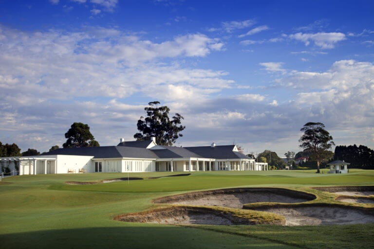 The Hamptons-styled clubhouse at Kingston Heath overlooks the golf course