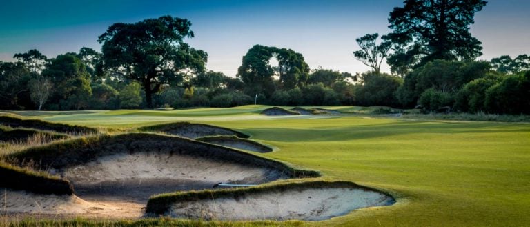 Large bunkers loom on the eighth hole of the Kingston Heath Golf Club