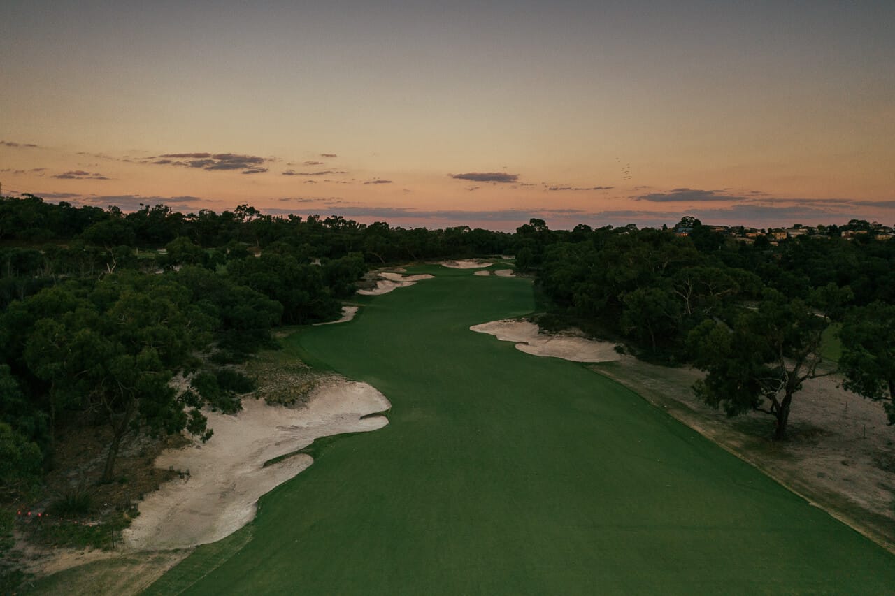 Large bunkers line a straight fairway on Peninsula Kingswood North Course