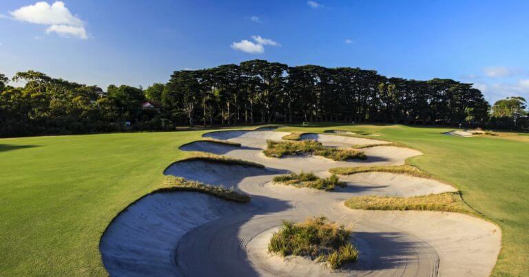 Long sand trap on the 11th hole at Royal Melbourne