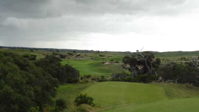 The fourth fairway lies below the tee on the Moonah Course
