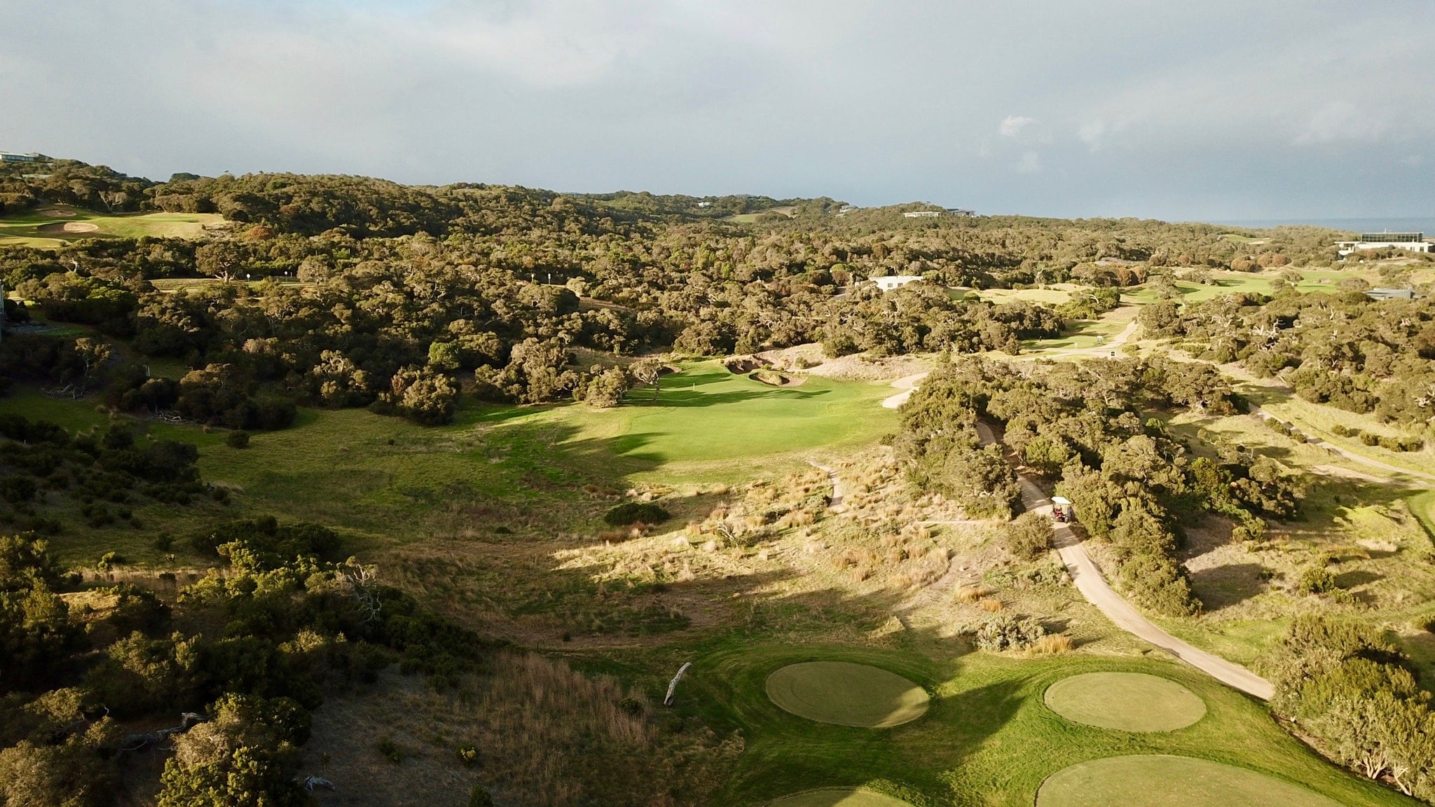 Aerial view of the par-3 seventeenth hole on the Moonah course