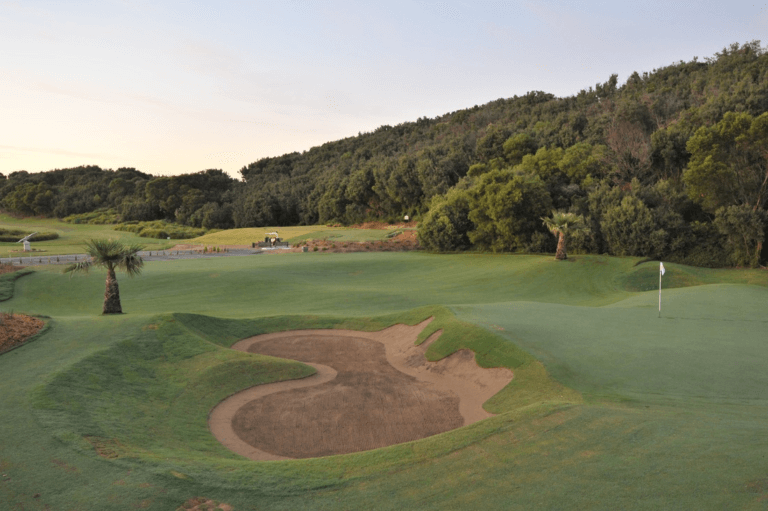 Palm trees and resort-style golf hole at Eagle Ridge Golf Club