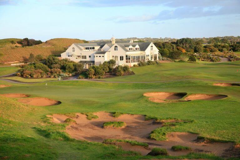 The Hampton-style Dunes clubhouse overlooks the golf course