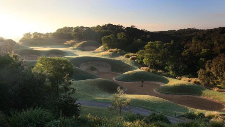 Overlooking large bunkers leading to the sixth green at Eagle Ridge Golf Club