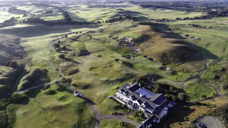 Aerial view of the golf clubhouse and course at The Dunes Golf Links