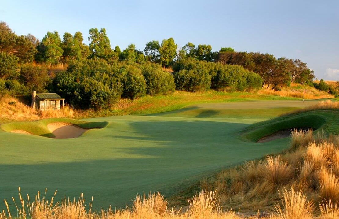 A hut sits adjacent to the first hole of the Moonah Links Legends Course