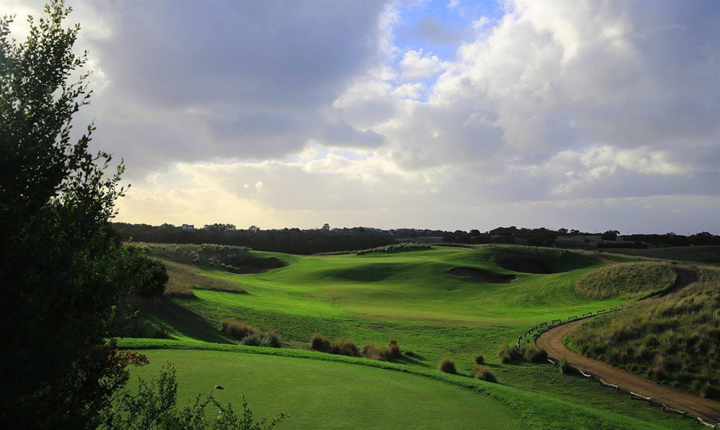 Overlooking a tee and open fairway on The Open Course
